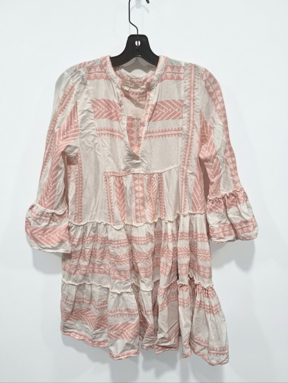 Lemonwood Embroidered Tiered Babydoll Tunic Dress Pink White Boho Medium